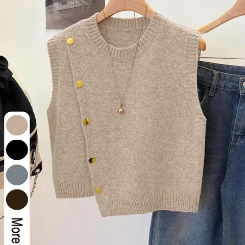 Pure Color Cropped Round Neck Asymmetric Metal Button Design Fashion Layering Sleeveless Knit Vest, Casual Loose-Fitting Outer Vest Knitted