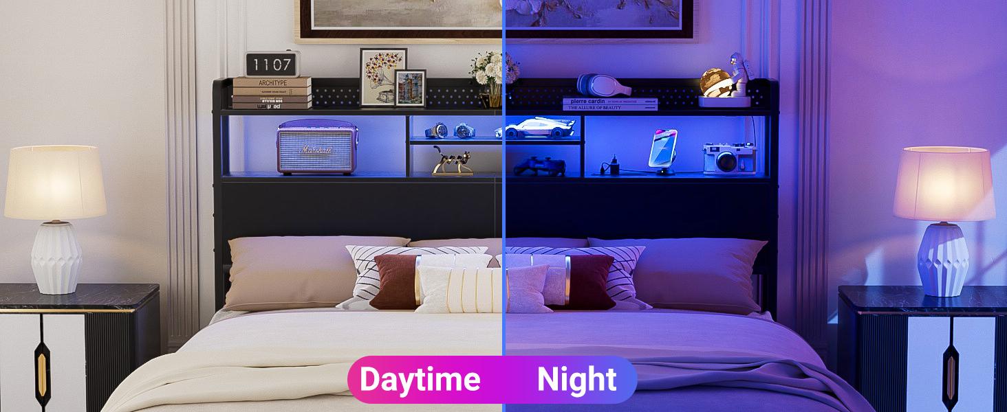 Homieasy Headboard for King Size Bed with Storage Shelf, Head board with 3 Outlets and 2 USB Ports, Headboards with RGB LED Light, Height Adjustable, Sturdy and Stable, Easy Assembly