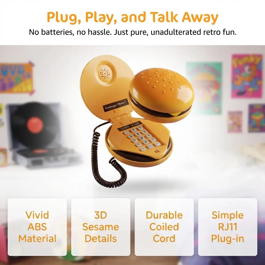Creative Cartoon Hamburger‑Shaped Corded Landline Telephone, Mini Vintage Antique‑Style Desktop Phone, Fun Decorative Novelty Phone Accessory for Household, Office Desk Ornament & Daily Landline Use