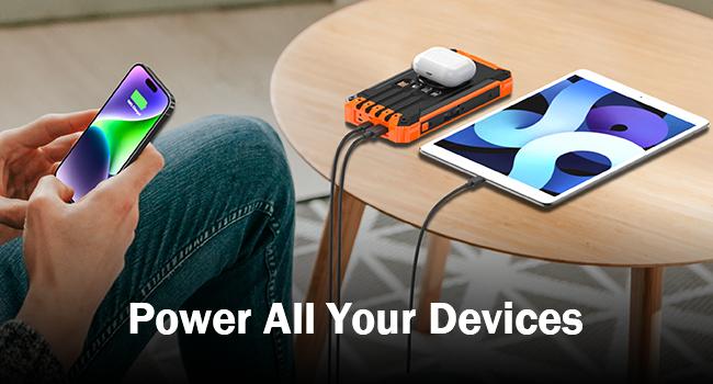 GOODaaa W22 36000mAh Solar Power Bank Wireless Charger Built in 4 Cables 6 Outputs 15W Fast Charging Power Bank for All Mobile Devices 3 Inputs Solar Portable Charger with Dual Flashlights, Carabiner