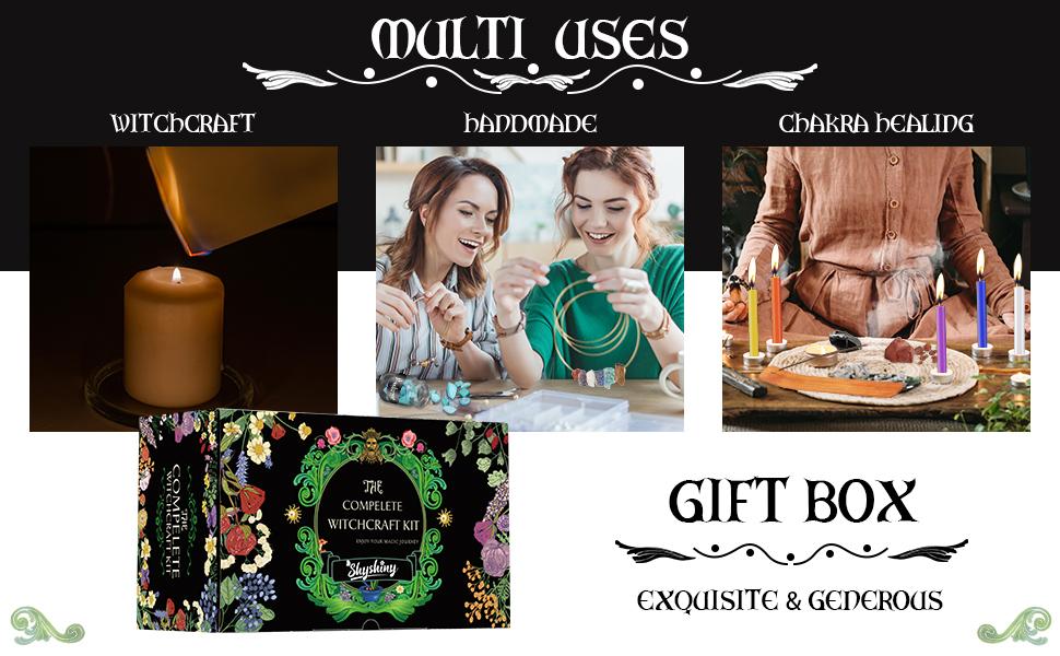 SHYSHINY 150Pack Witchcraft Supplies Kit Wiccan Supplies and Tools Witchy Gifts for Beginners, Dried Herbs, Crystals, Candles, Green Witch Altar Starter Spell