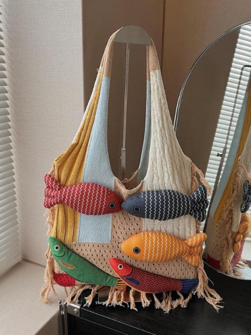 Stylish Rainbow Color Women's Knitted Bag with Colorful Fish Pattern, Versatile Shoulder Bag for Work, Shopping, Outings and Daily Use