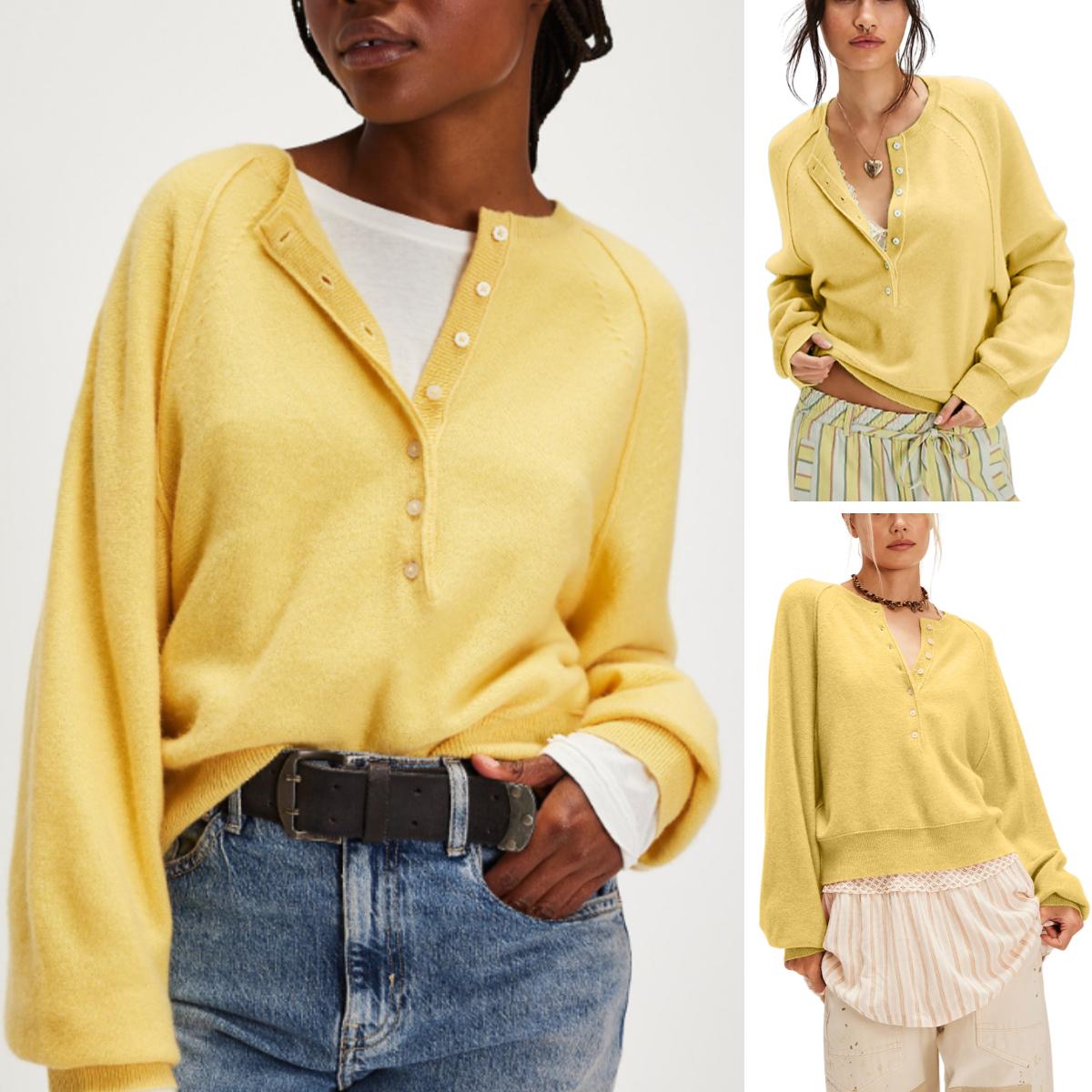 Buenoble Women Loose Button Front Knit Pullover Henley Neck Long Sleeve Knitwear Solid Cropped Sweater