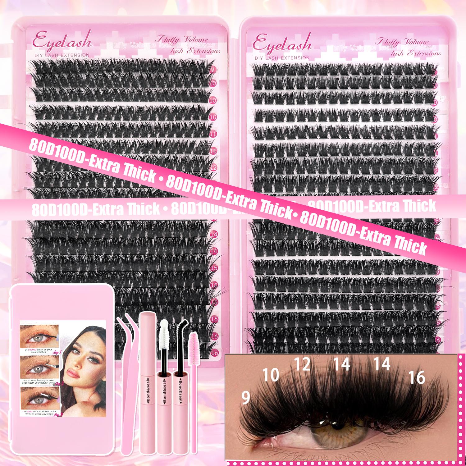 Natural & Thick Look Eyelash Extensions, 1 Box Mixed Length Individual Lashes with Glue & Tweezers & Brush, Eye Makeup Enhancement Tool for Women, Cosmetic