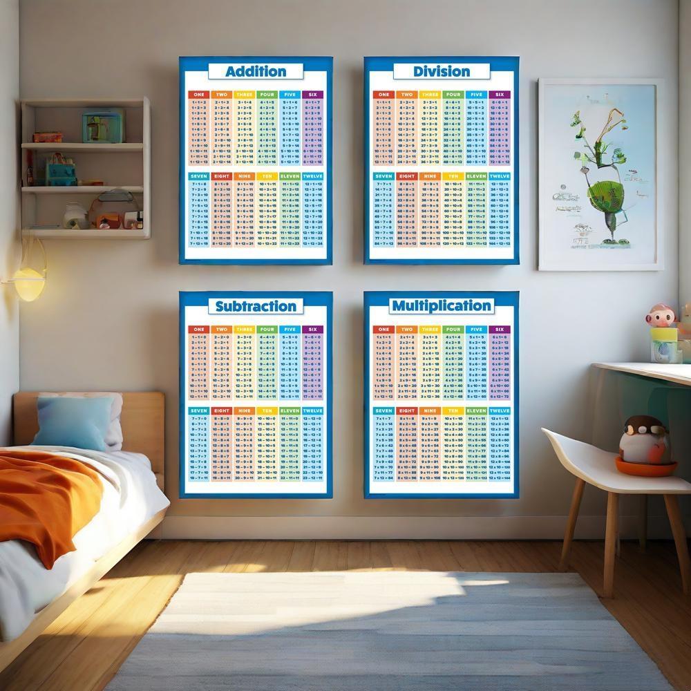 4pcs/set children's education mathematics learning posters, multiplication and division tables, addition and subtraction canvas teaching AIDS, classroom decorations, children's gifts