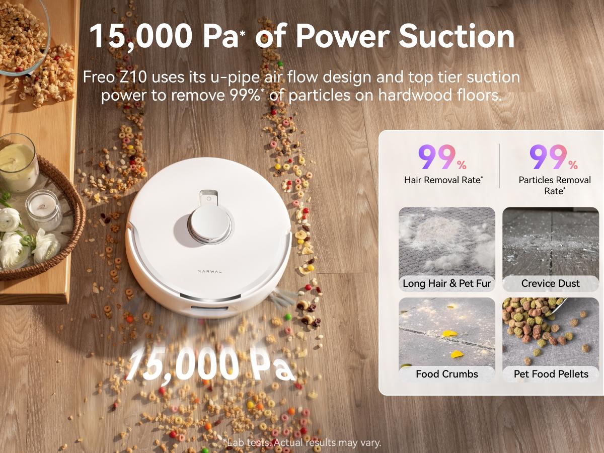 NARWAL Freo Z10 Robot Vacuum and Mop Combo, Tangle Free Robot Mop, 15,000Pa Suction, Adapts to Hard-to-Reach Areas, Self-Emptying, Mop Washing & Drying, Obstacle Avoidance, for Pet Hair & Hard Floor