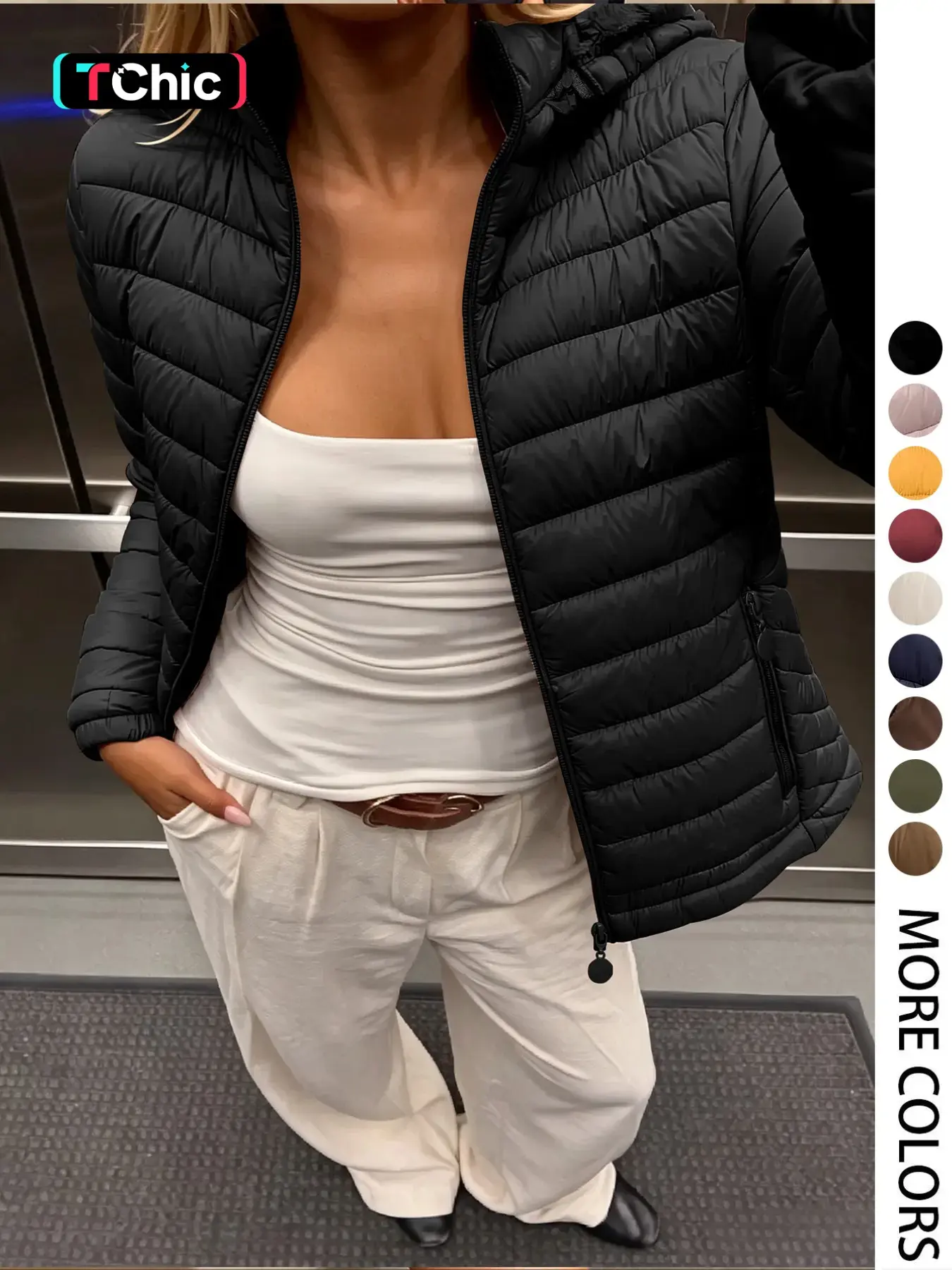 Women's Winter puffer Jacket, Casual Fitted Hooded Quilted Coat with Pockets, Warm Lightweight Commuter Outerwear for Fall & Winter