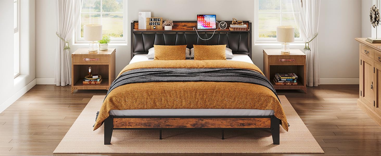 LIKIMIO Bed Frame, Storage Headboard with Charging Station, Solid and Stable, Noise Free, No Box Spring Needed, Easy Assembly