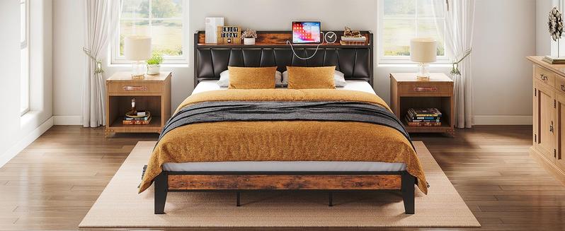 LIKIMIO Bed Frame, Storage Headboard with Charging Station, Solid and Stable, Noise Free, No Box Spring Needed, Easy Assembly
