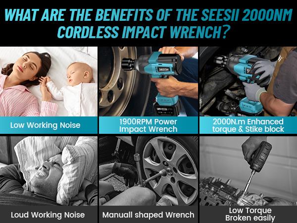 SEESII 3/4" Cordless Impact Wrench Set - 2000Nm (1475ft-lbs) High Torque Brushless Power Tool with 2x 6.0Ah Batteries, Fast Charger, and Accessories - Heavy Duty for Truck, Car, and Mower Repair, WH820 Black Friday Deals