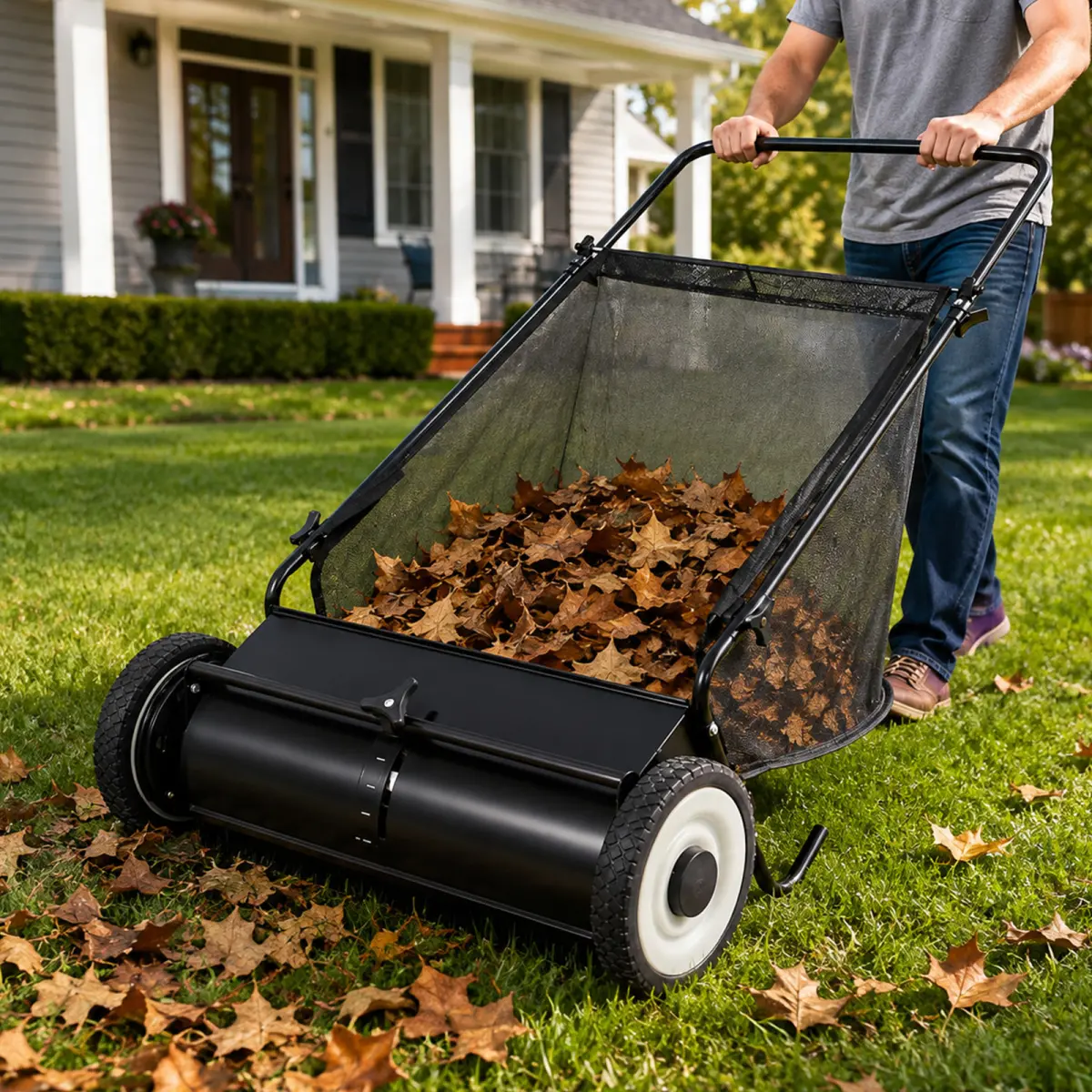 26-Inch Push Lawn Sweeper with 7 Cu. Ft. Large Hopper Capacity, 4 Rotating Brushes & Adjustable Height, Manual Leaf & Grass Collector for Yard, Driveway & Sidewalk, Heavy-Duty Steel Frame