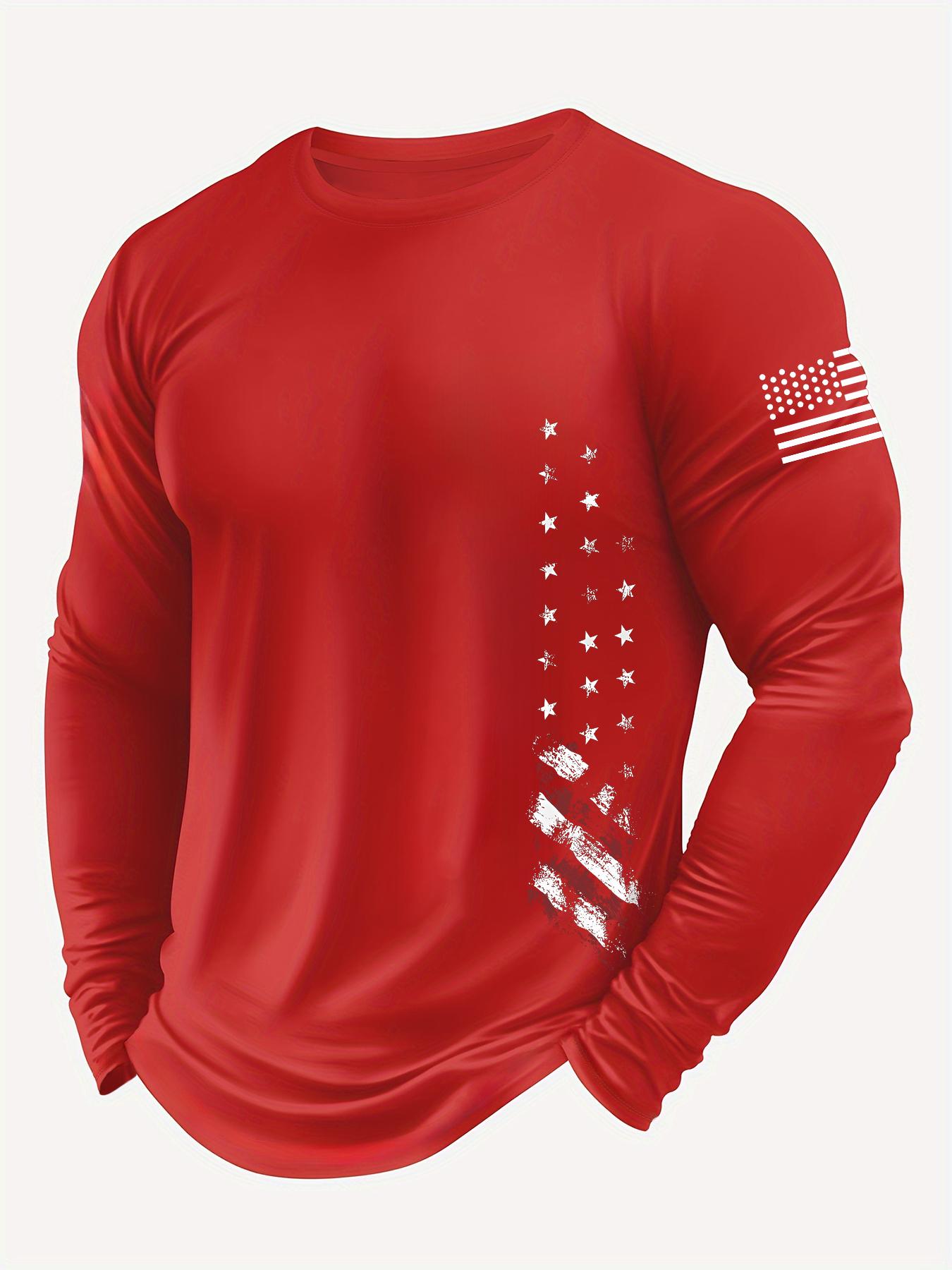 Men's American Flag Print Graphic Round Neck Long Sleeve Tee, Regular Fit Fitted Casual Crew Neck T-shirt for Fall & Winter, Men's Top for Daily Wear