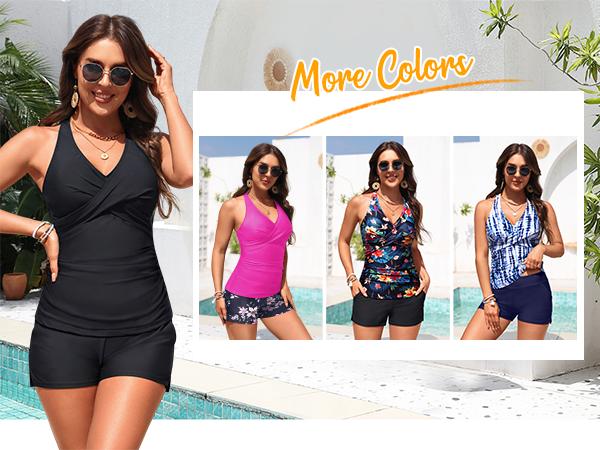 Yonique Women Tankini Swimsuit with Shorts - Halter Two Piece Swimsuit with Pocket Tummy Control Bathing Suit Swimwear