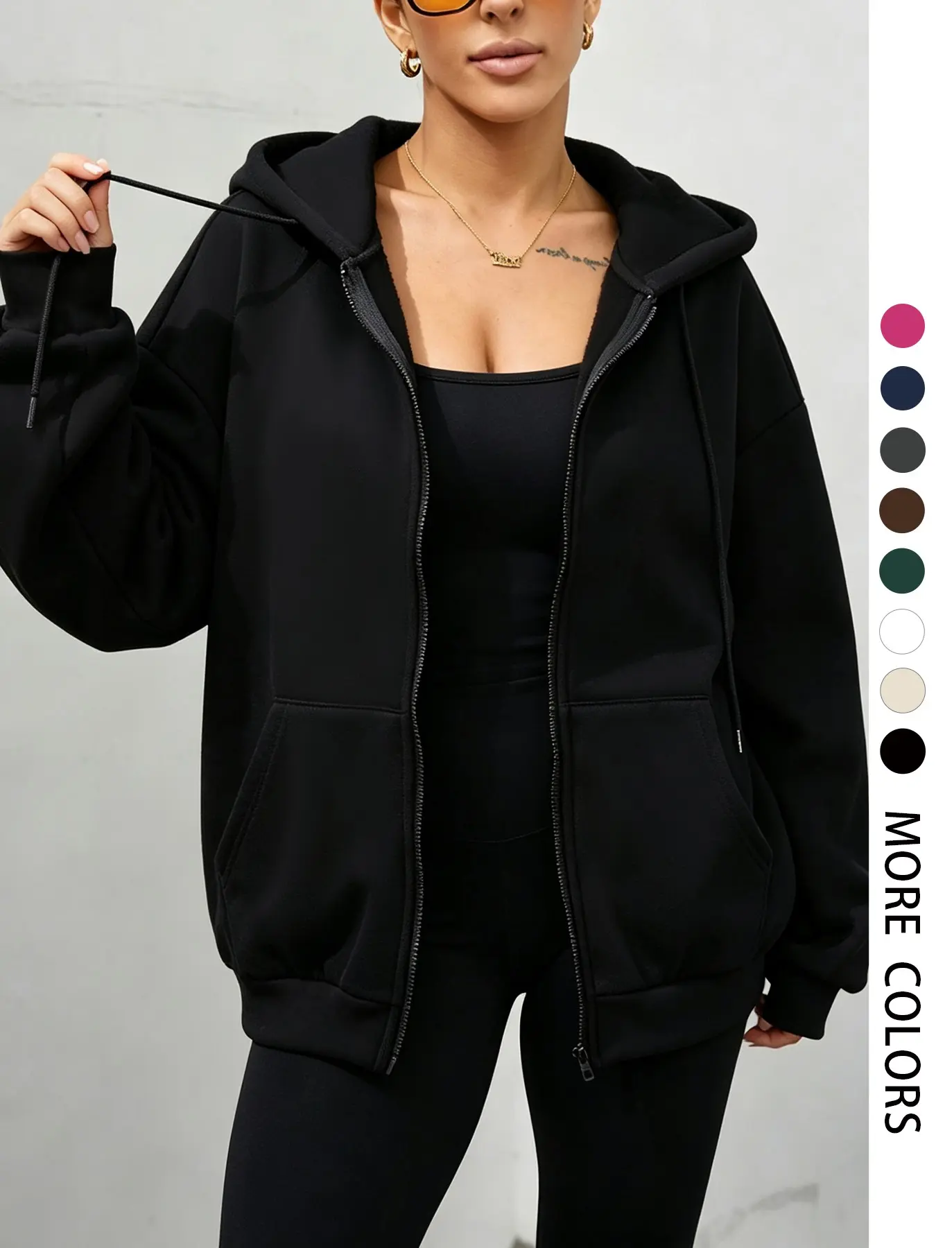 Women's Zipper Drawstring Hoodie, Long Sleeve Pocket Detail, Loose-Fit Casual Sweatshirt for Fall & Winter, Outdoor & Daily Wear