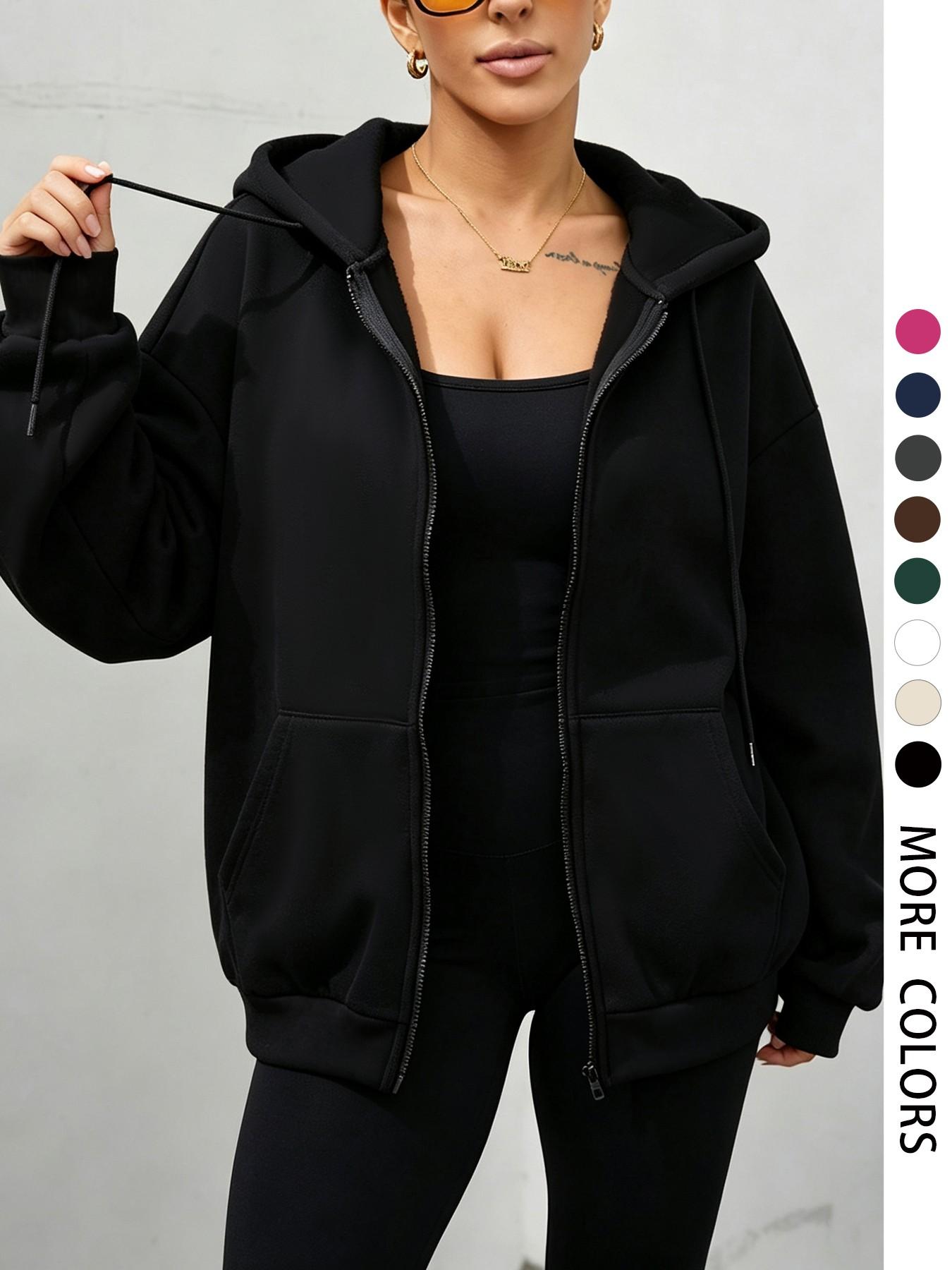 Women's Zipper Drawstring Hoodie, Long Sleeve Pocket Detail, Loose-Fit Casual Sweatshirt for Fall & Winter, Outdoor & Daily Wear