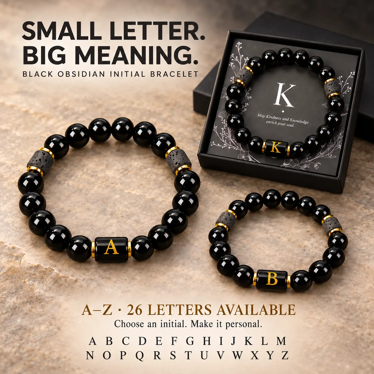 A-Z Initial Bracelet with Gift Box, Black Obsidian & Lava Rock Beaded Bracelet for Men & Women, 26 Letter Options, Symbol of Protection & Inner Strength, Meaningful Friendship Jewelry, Birthday,  & Christmas Gift  letter letter clasp