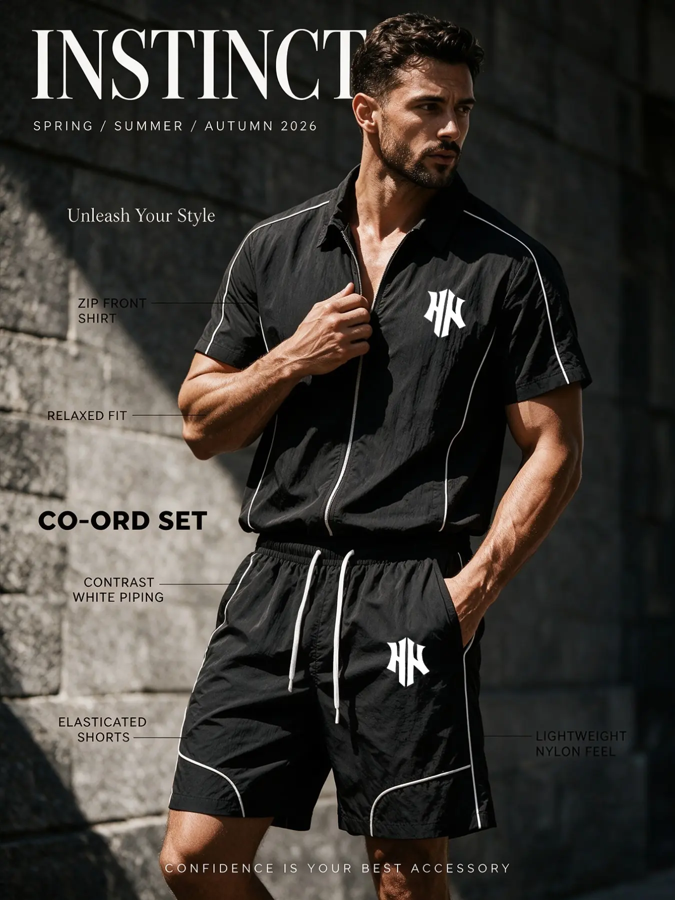 Men's Lightweight Windbreaker Two-Piece Set, 100% Nylon, Lapel Zip Short Sleeve Top, Loose Wide Leg Pants, Casual Sportswear, Short Sleeves Set