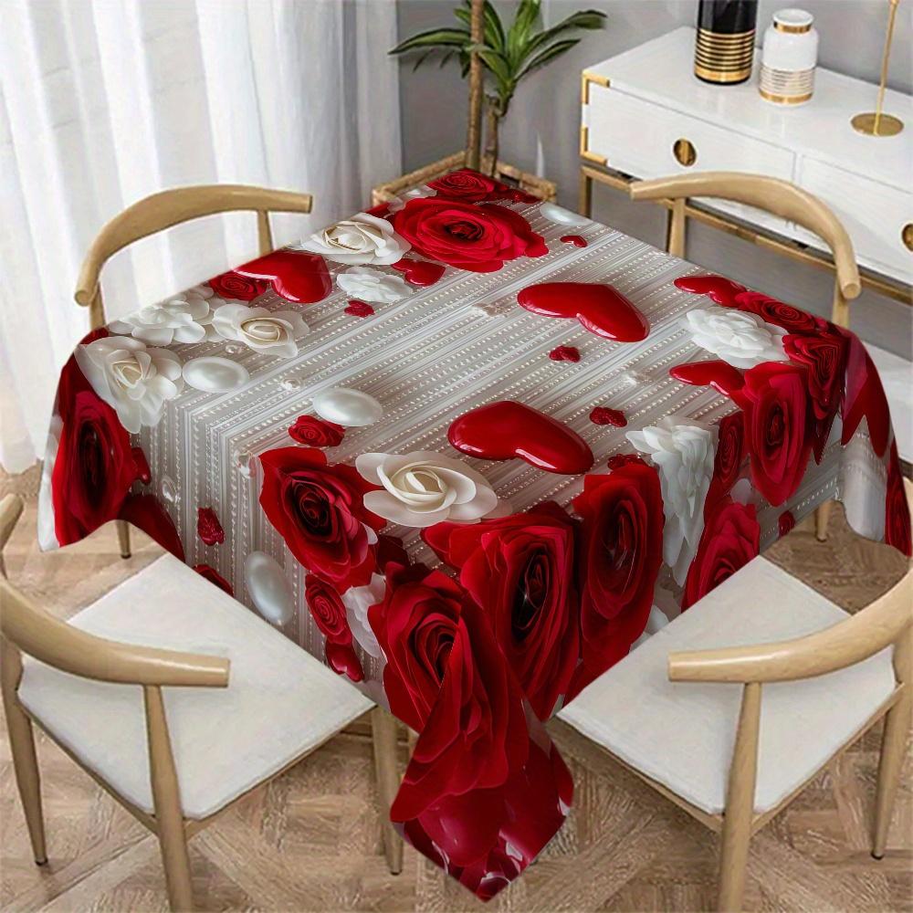 【 1PC 】 Romantic Printed Polyester Tablecloth with Rose, Pearl, and Heart Patterns, Suitable for Home, Kitchen, Restaurant, Party, Holiday - Indoor/outdoor Use