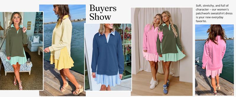 Wenrine Women's Oversized Sweatshirt Dress Casual Long Sleeve Collared V Neck Patchwork Loose Mini Dresses