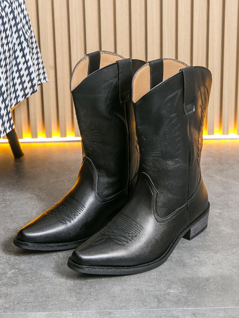 2025 Fall & Winter Mens High-top Vintage Pointed-toe Cowboy Boots - Anti-skid Slip On Shoes with PU Upper and Rubber Sole for Outdoor Horse Riding and Country Style - Comfortable PU Insole and Solid Color Design Footwear Closed