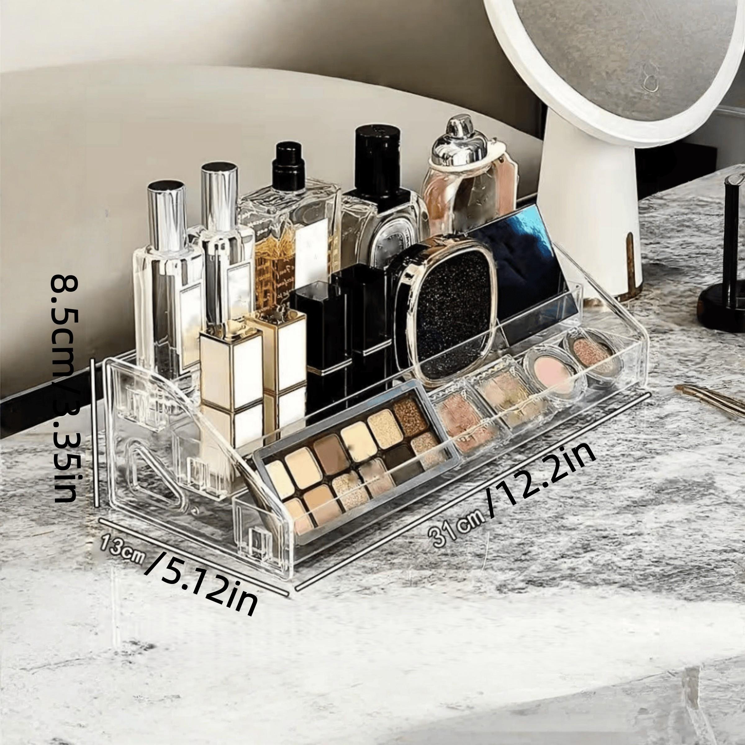 Transparent Acrylic Makeup Organizer Box, 3-Layer Stackable Cosmetic Storage Rack with Dividers, Large Capacity Vanity Display Shelf