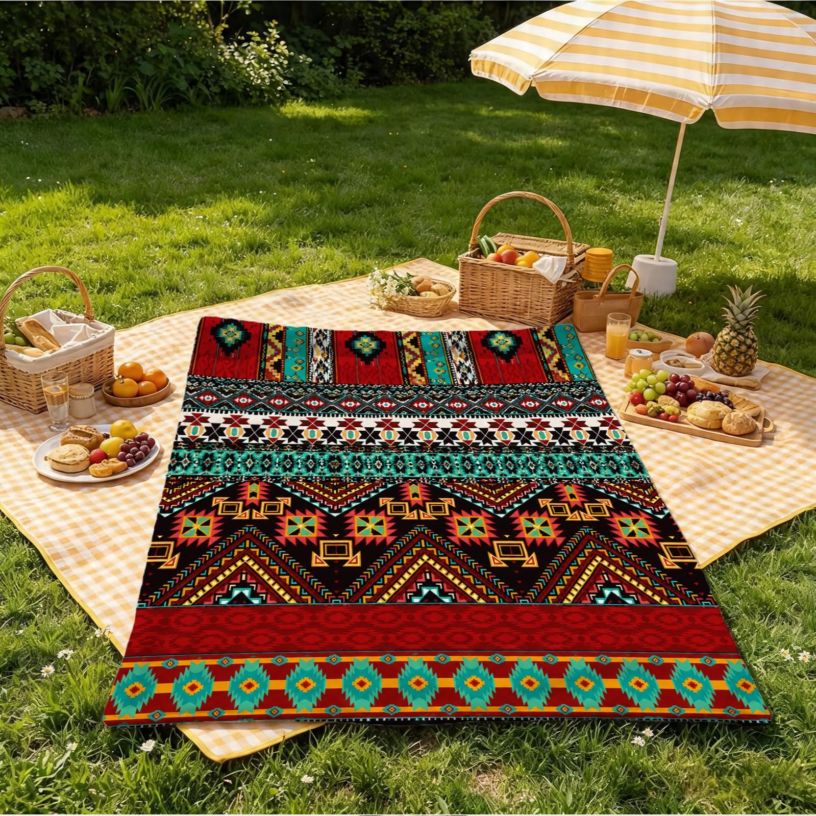 Bohemian Style Flannel Blanket, Single-Side HD Print, Tribal Geometric Style, Soft and Lightweight, Multi-Purpose for Napping, Camping, Picnic and Home Decor, Suitable for Teens and Adults