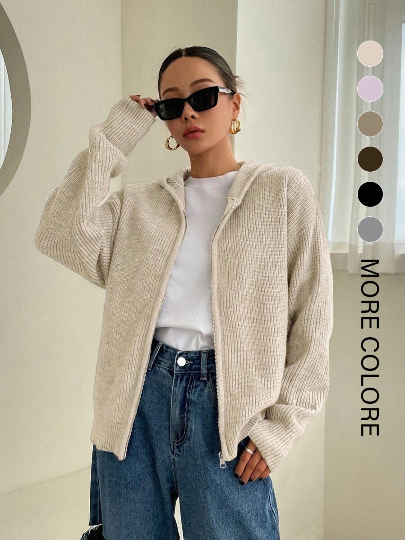 Women's Solid Zip-Up Hooded Sweater Cardigan, Casual Drop- Shoulder Long-Sleeve Cardigan, Women Knitwear for Fall & Winter Daily Wear