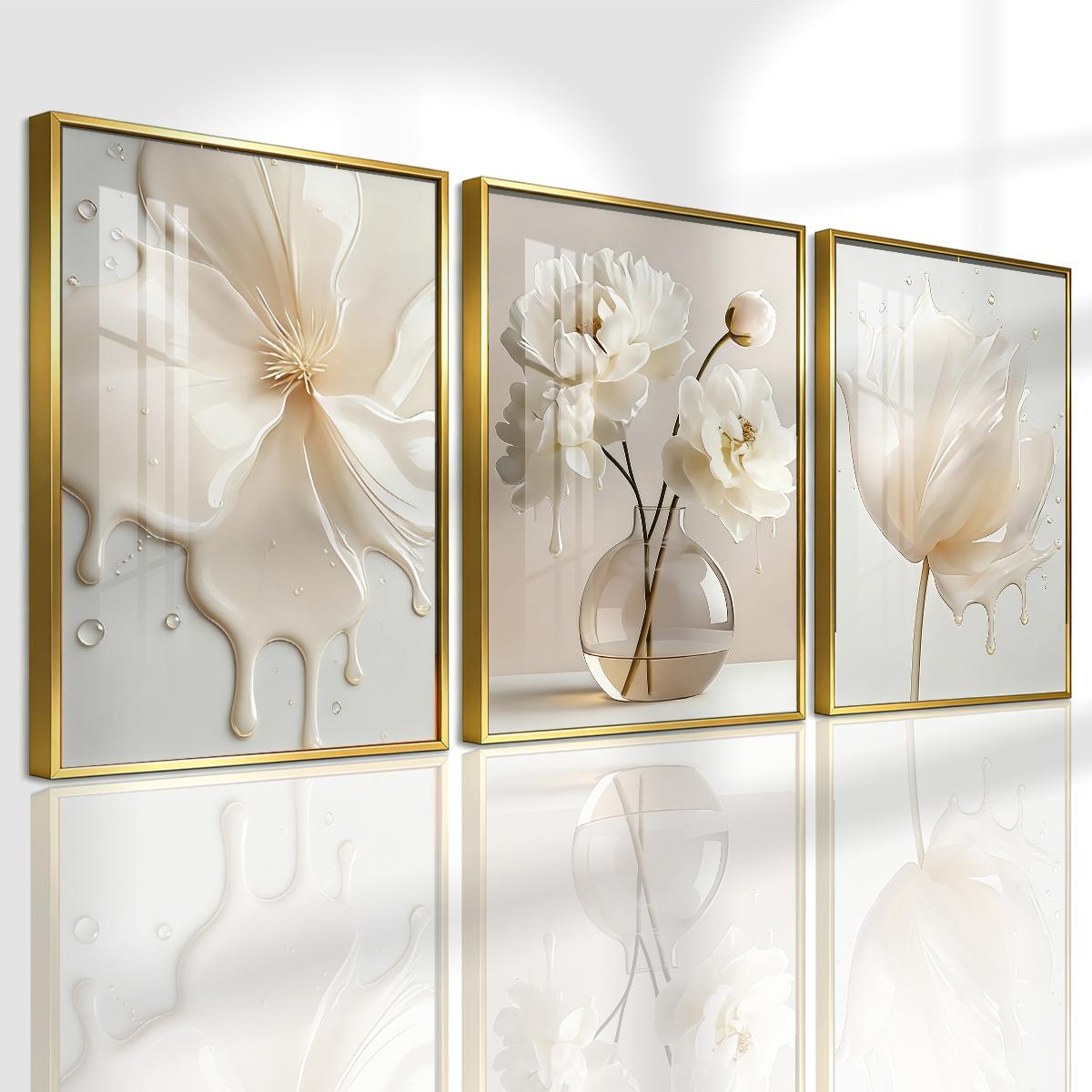 3 Counts Aluminum Alloy Framed Painting, Elegant White Liquid Floral Art Pictures, Home Decoration For Living Room, Bedroom, Office, Restaurant, Hallway Wall Decor, Odorless Print Artwork, Luxury Perfect Gift For Friends And Family