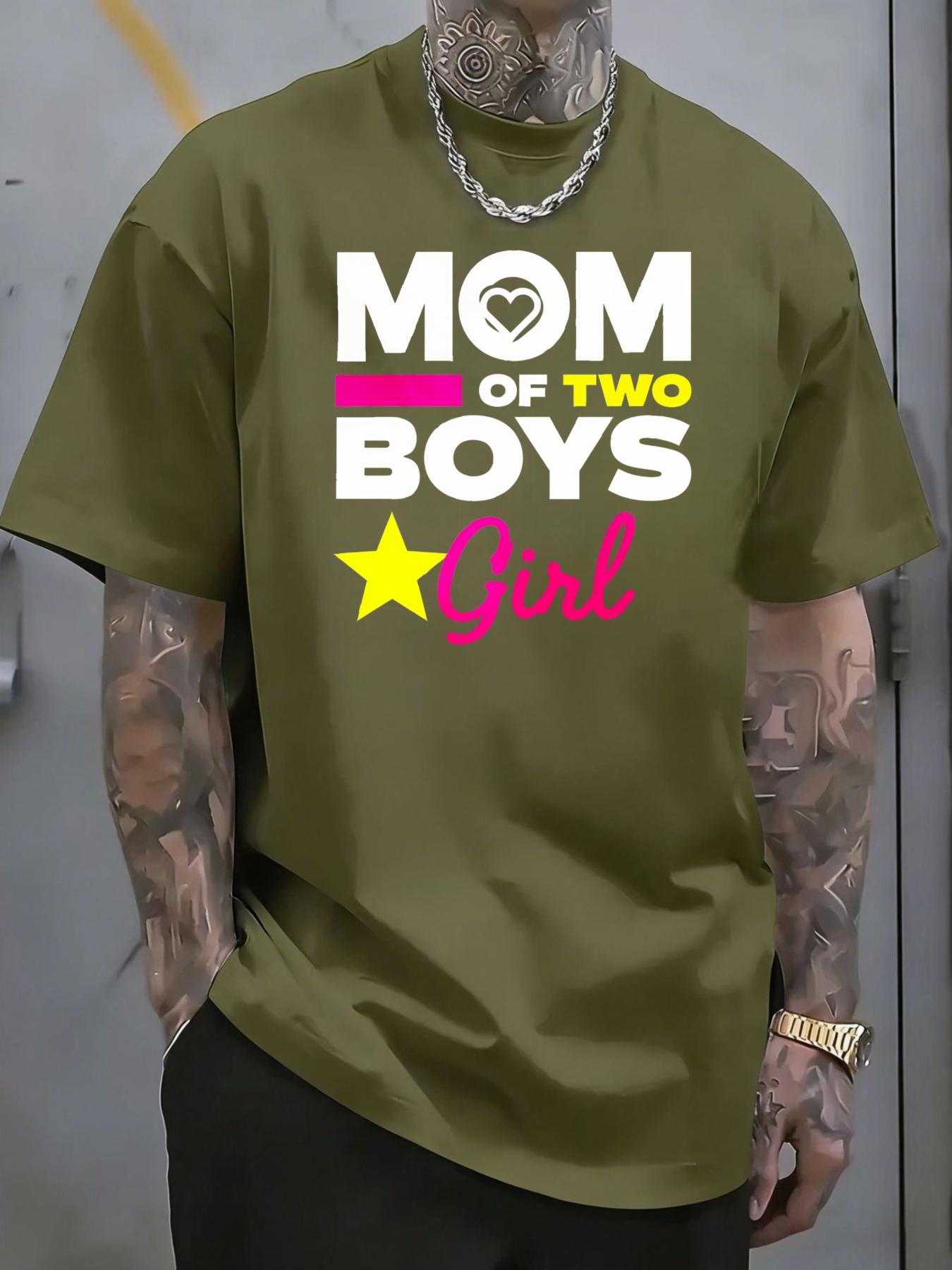 Men's T-shirt with printed patterns and text designs featuring "Mom Has Two Boys and Girls", suitable for parent-child family gatherings and daily wear