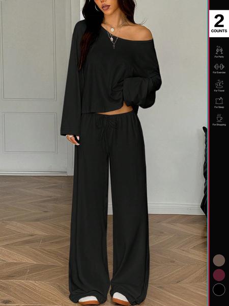 Women's Casual Long Sleeve Top & Pants Set, Plain Design, Loose-Fit Comfortable for All Seasons, Autumn Fashion Essentials