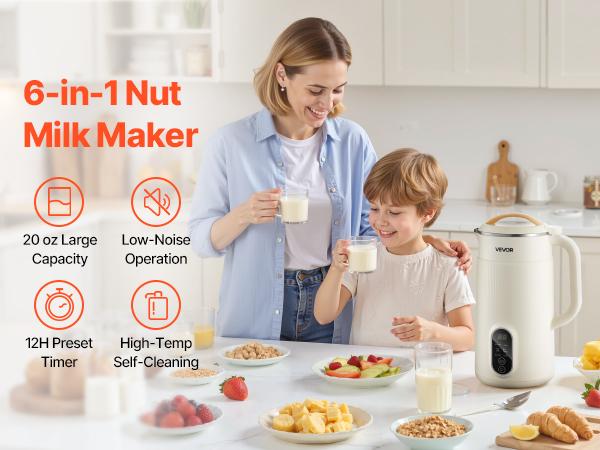 6-in-1 Nut Milk Maker, 20 oz Soy Milk Maker Machine with 6 Blades, for Homemade Oat, Nut, Soy, Juice, Plant-Based and Non Dairy Beverages with High-Temp Self-Cleaning, Boil Water, 12-Hour Delay