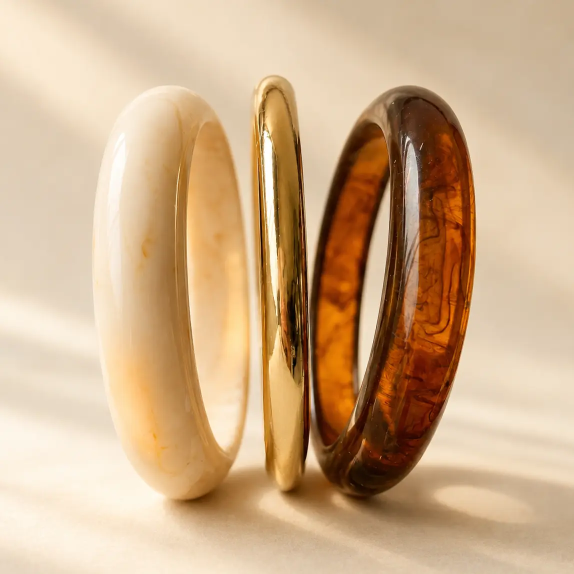 3-Piece Resin Bangle Bracelets for Women, Chunky Brown Ivory & Gold-Tone Stackable Bracelet Set, Trendy Statement Jewelry