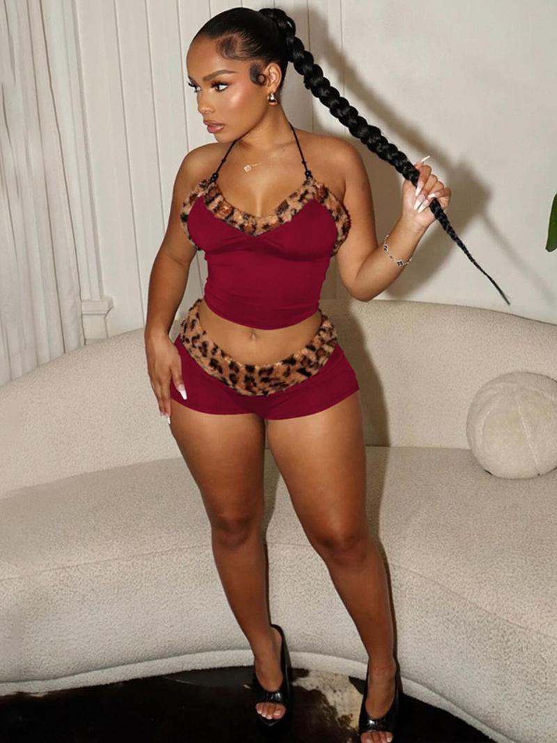 Women's Leopard Patchwork Print Contrast Faux Fur Halter Crop Spaghetti Strap Top & Shorts, Casual Tie Back Sleeveless Top & Shorts for Summer, Ladies Clothes for Beach Holiday Vacation, Womenswear, Cute Clothes Set, Matching Clothing Set