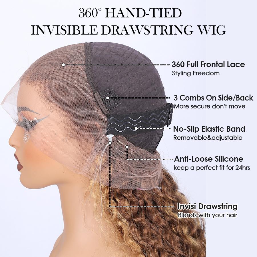 Pizazz Hair 4/27 Highlight Ombre Color 360 Full Lace Frontal Water Wave Glueless Wig With Invisi Drawstring Pre-bleached Knots  Human Hair Wig