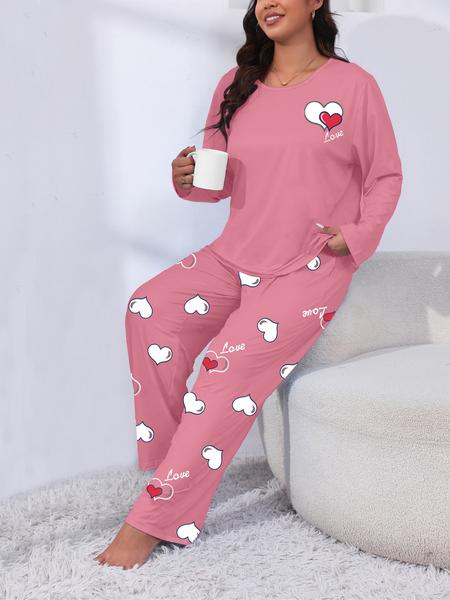Plus Size Heart Letter Print Comfortable 2-Piece Set, Casual Long Sleeve Pajama Pants Suit, All Seasons Fitted Knit Fabric Loungewear Plus Size Heart Letter Print Comfortable 2-Piece Set, Casual Long Sleeve Pajama Pants Suit, All Seasons Fitted Knit Fabric Loungewear