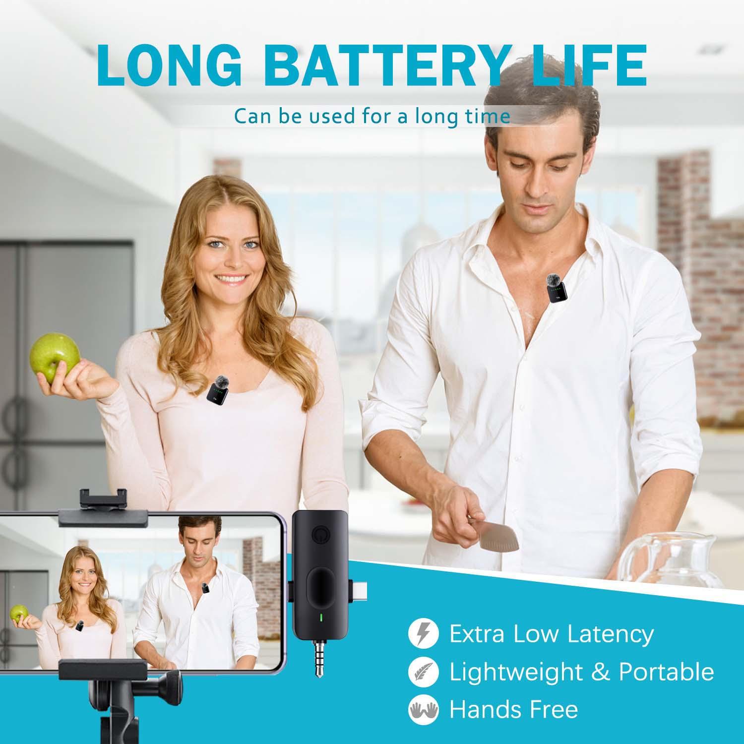 Three in one wireless lavalier microphone suitable for iPhone and Android, clip on noise reduction design, capacitive microphone, long battery life, artificial intelligence noise reduction, suitable for video blogging, Usb rechargeable mic