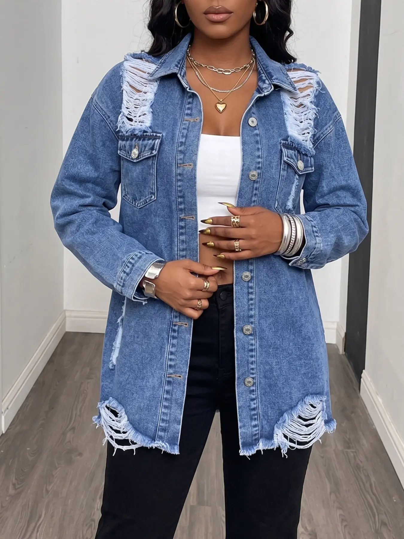 Classic Lapel Collared Women's Ripped Denim Jacket Coat, Spring & Fall Top, Stylish Outerwear for Everyday Wear, Trendy Fashion Piece