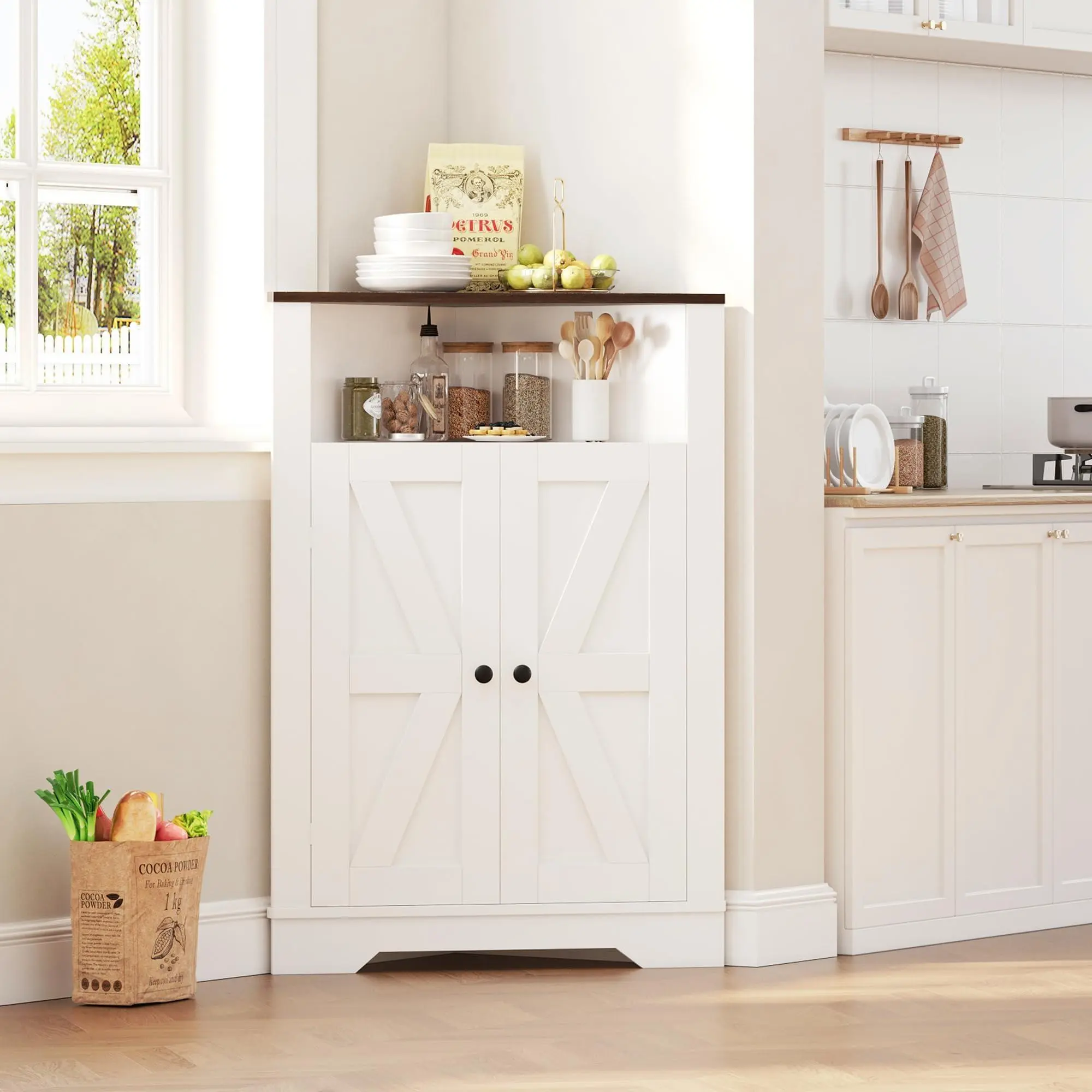 GARVEE 38.2" Tall Farmhouse Corner Cabinet with 2 Doors & 3 Storage Shelves, Storage Cabinet with Barn Door Design, Space Saver for Living Room Kitchen Laundry Room