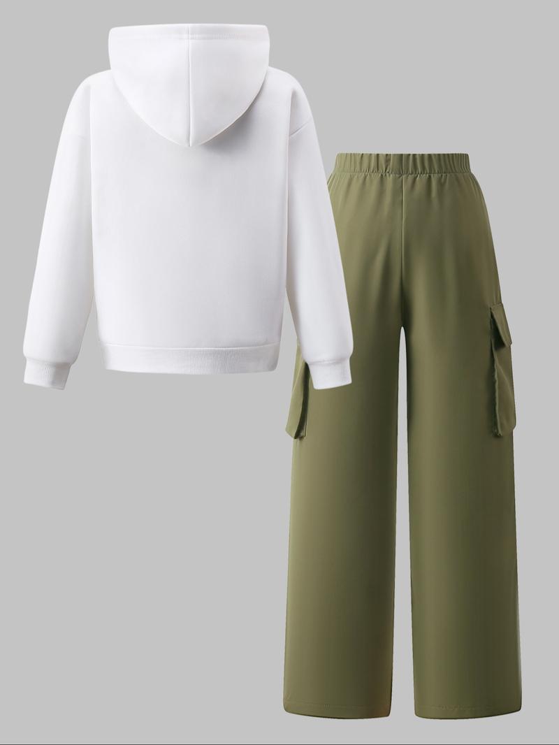 Teen Girls 2 Piece Set Casual Fashion Streetwear, Fleece Long Sleeve Hoodie Top & Wide Leg Work Pants, Fall Winter