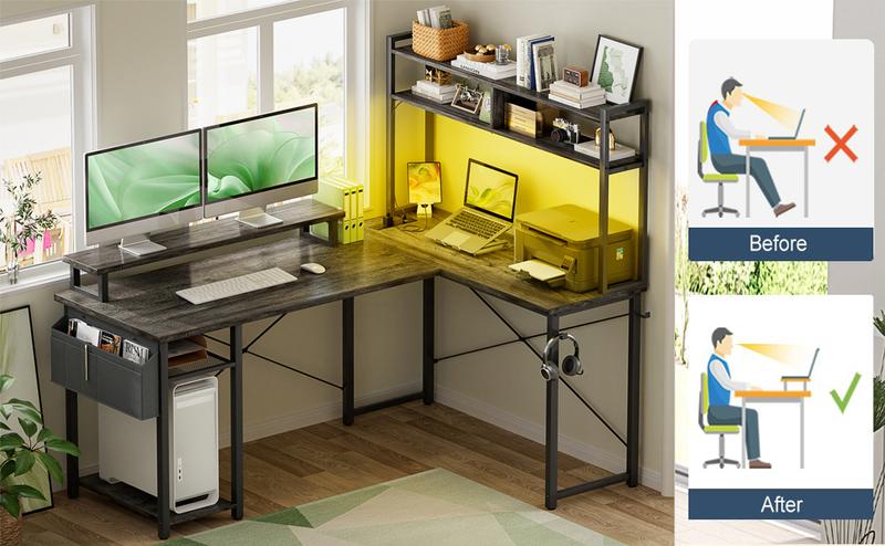 【Summer Sale】L Shaped Gaming Desk with Power Outlets, 48" Reversible Computer Desk with Monitor Stand & Storage Shelf, Small Gaming Desk with Led Lights, Corner Gamer Desk Home Office Desk with Storage Bag