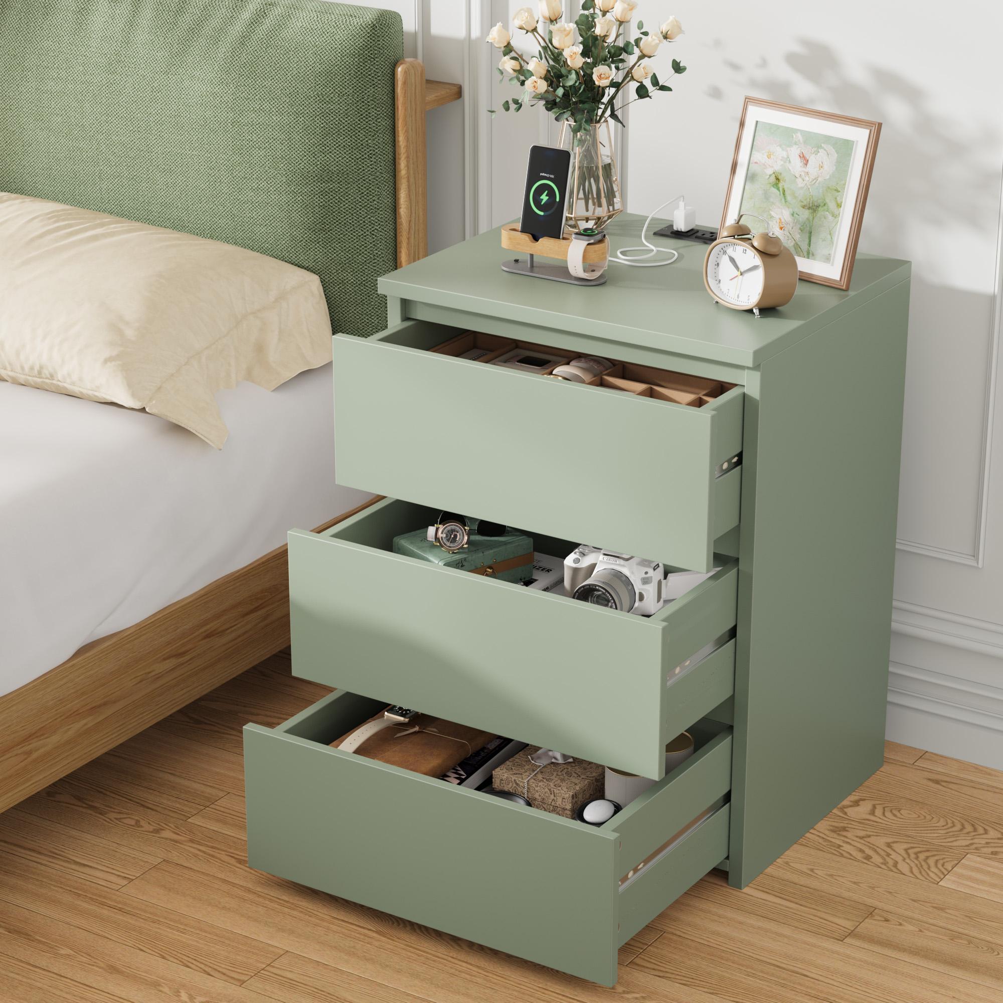 FOTOSOK Nightstad with Charging Station, White Nightstand with 3 Drawers,  Nightstand with USB Ports, Power Outlets, Silent Slides, Wooden End Side Table Bedside Table for Bedroom