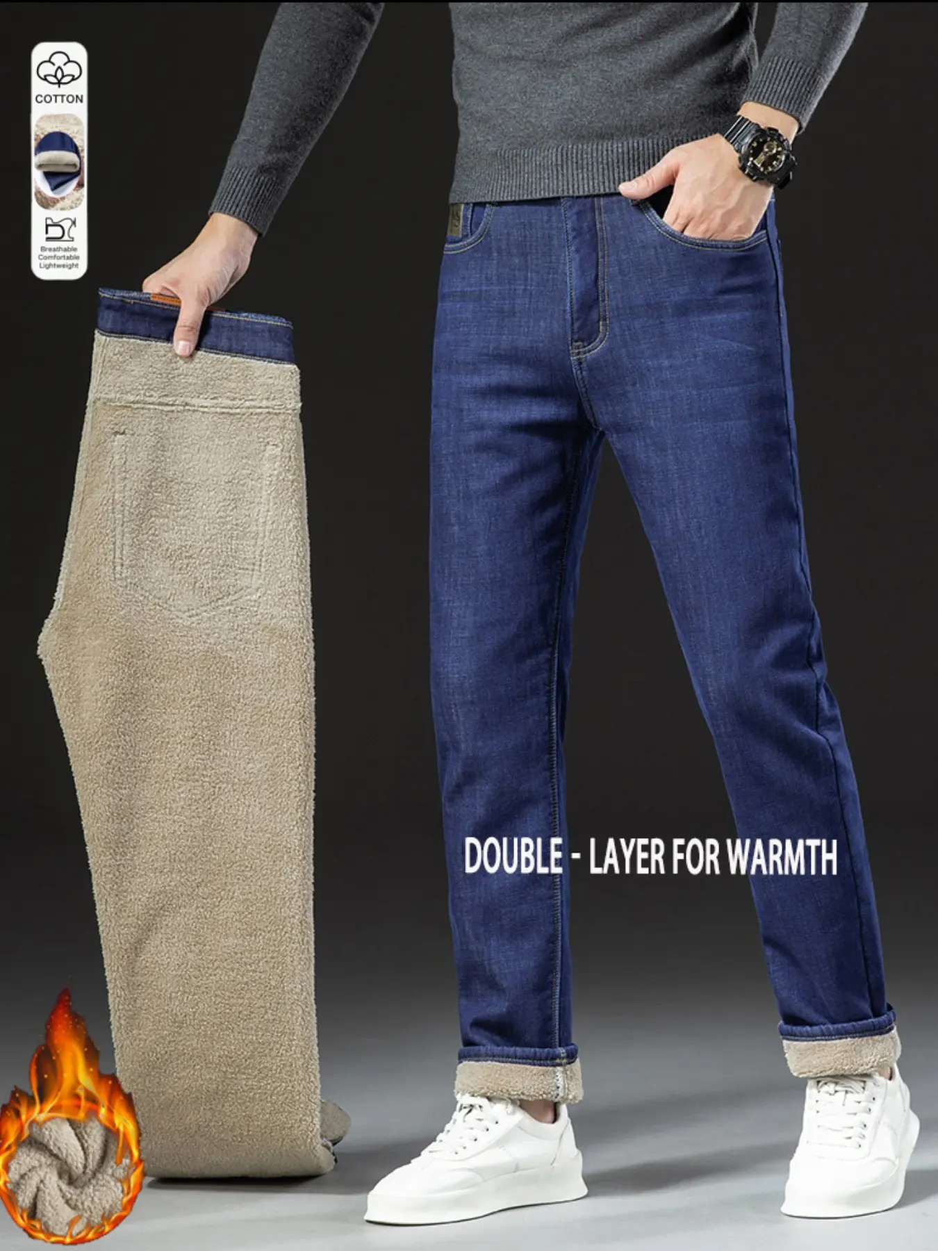 Men's Fall Winter Fleece Lined Jeans, Thick Comfort Warm Elastic Straight Leg Slim Fit Casual Long Pants, Mid Waist Zipper Fly Denim