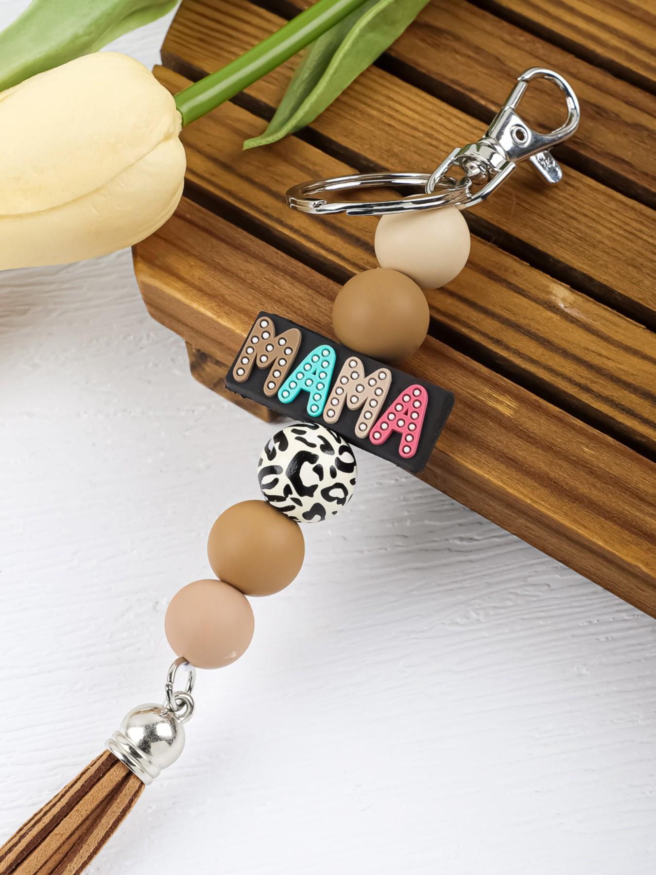 Mama Beaded Keychain, Mom Silicone Bead Key Ring, Mother's Day Gift, Leopard Print Keychain, Tassel Keychain, Mama Bag Charm, Sunflower Mama Keychain