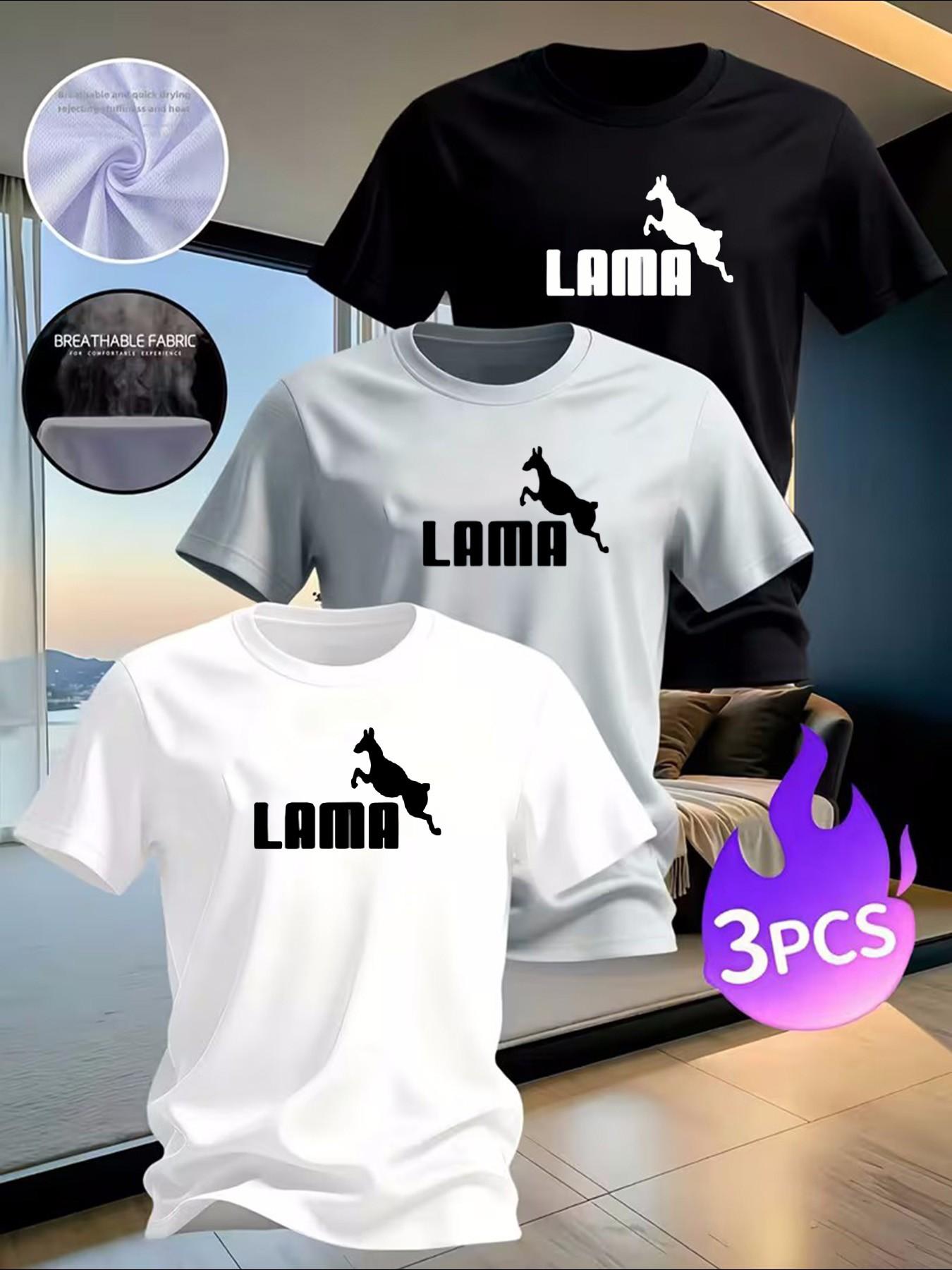 3-Pack Men's "LAMA" Animal Graphic T-Shirts - Casual Breathable Quick-Dry Tees for Daily & Streetwear