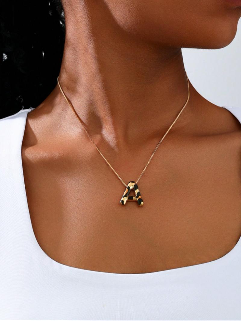 Women's Leopard Print Letter Pendant Necklace, Metal Alphabet Chain Jewelry, Casual Daily Wear Accessory, Perfect Gift Idea, Letters Necklace
