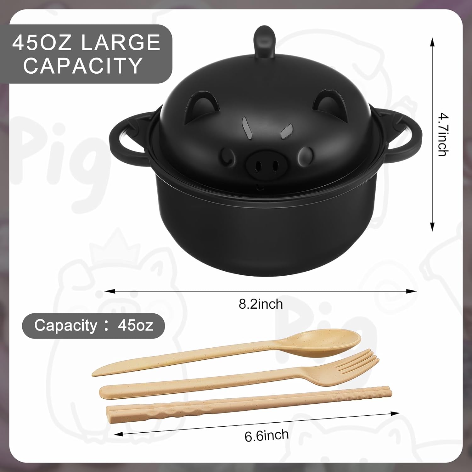Nifogo Stylish Wheat Straw Cartoon Pig Ramen Noodle Bowl Set - 43oz(1300ml) Microwave-Safe Ramen Cooker with Strainer Lid, Handle, Spoon, Fork, Chopsticks, Stackable Bowls - Camp Kitchen Ware for Home,Camping Use