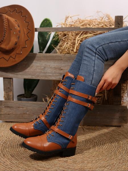 Women's Long Motorcycle Boots, Western Style Round Toe Thick Sole, Durable Comfortable Design, Perfect for Casual Wear