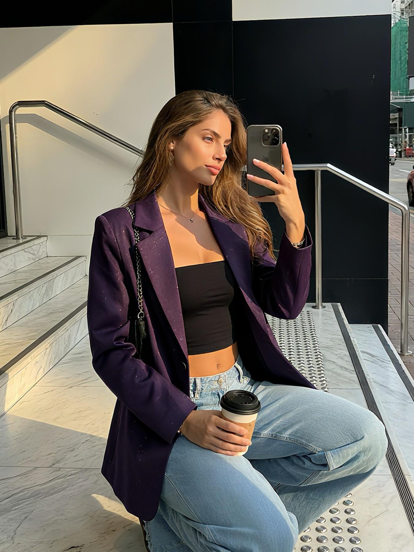 Women's Oversize Lapel Commuter Jacket, Embossed Chic Elegant Loose Fit Design, Spring New Collection, Perfect for Daily Wear