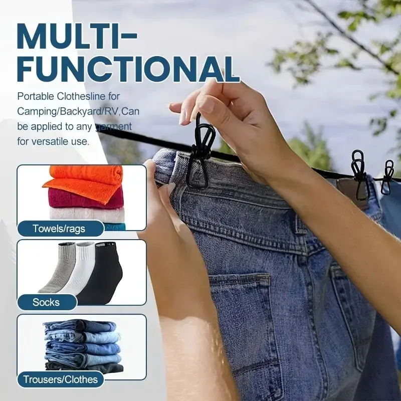 This elastic clothesline with 12 clips is ideal for drying socks, underwear, and other small items. The portable, retractable design makes it perfect for laundry, outdoor use, camping, hotels, and other settings.