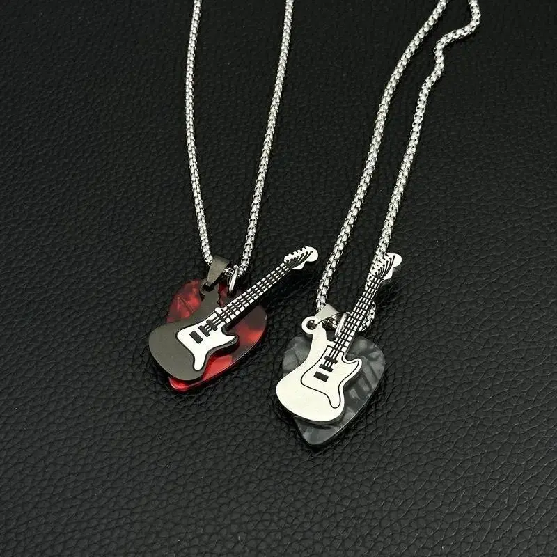 Punk Titanium Steel Guitar Chain Choker Trendy Hip-hop Guitar Pick Pendant Necklace  Vintage Electric Guitar Sweater Chain Boys